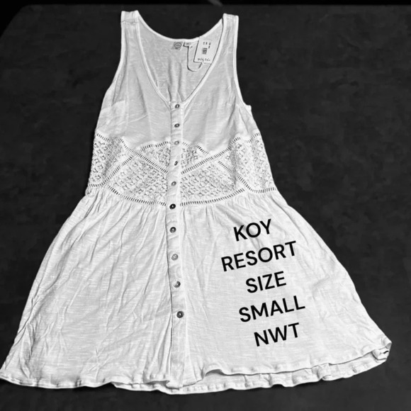 KOY RESORT WHITE SM, crochet ,button front beach cover, deep V-neck - Picture 1 of 13